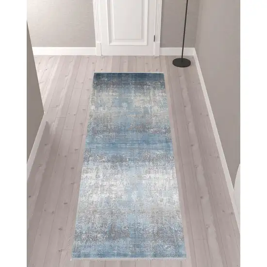 Blue Gray And Silver Abstract Power Loom Distressed Runner Rug With Fringe Photo 2