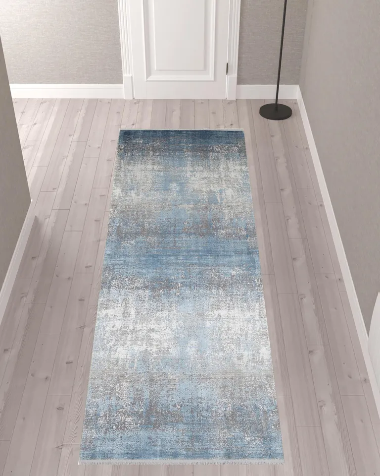 Blue Gray And Silver Abstract Power Loom Distressed Runner Rug With Fringe Photo 2