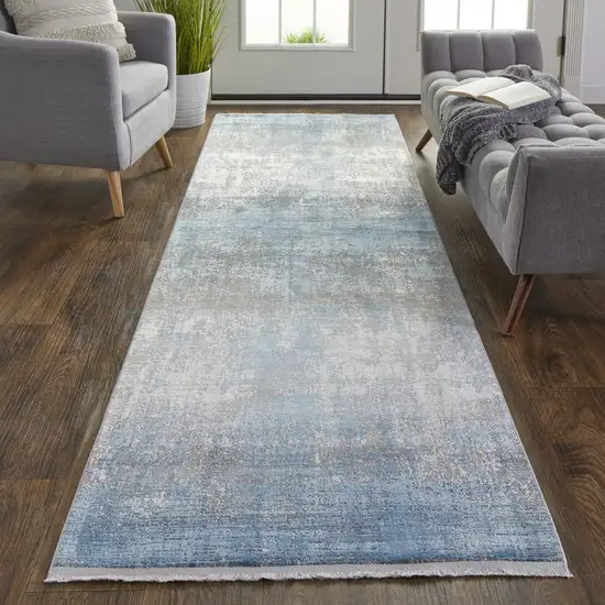 Blue Gray And Silver Abstract Power Loom Distressed Runner Rug With Fringe Photo 4