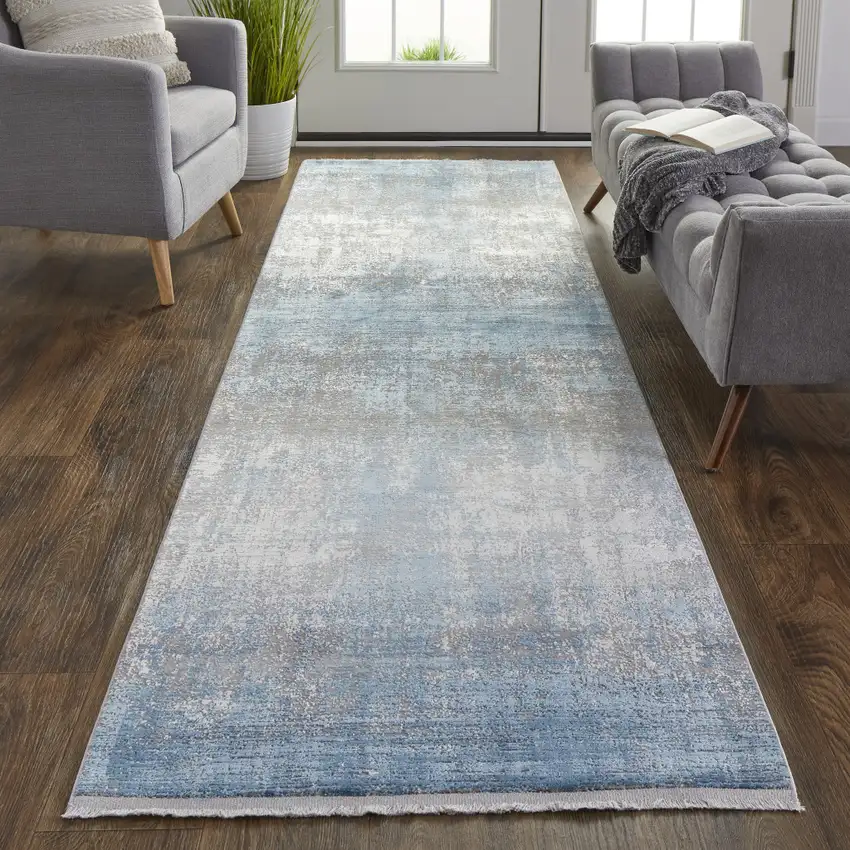 Blue Gray And Silver Abstract Power Loom Distressed Runner Rug With Fringe Photo 4