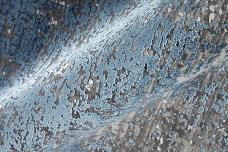 Blue Gray And Silver Abstract Power Loom Distressed Runner Rug With Fringe Photo 4