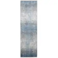 Photo of Blue Gray And Silver Abstract Power Loom Distressed Runner Rug With Fringe