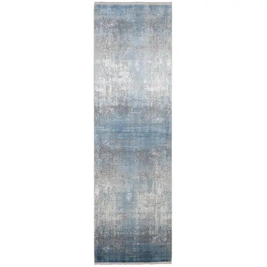 Blue Gray And Silver Abstract Power Loom Distressed Runner Rug With Fringe Photo 1
