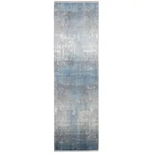 Photo of Blue Gray And Silver Abstract Power Loom Distressed Runner Rug With Fringe