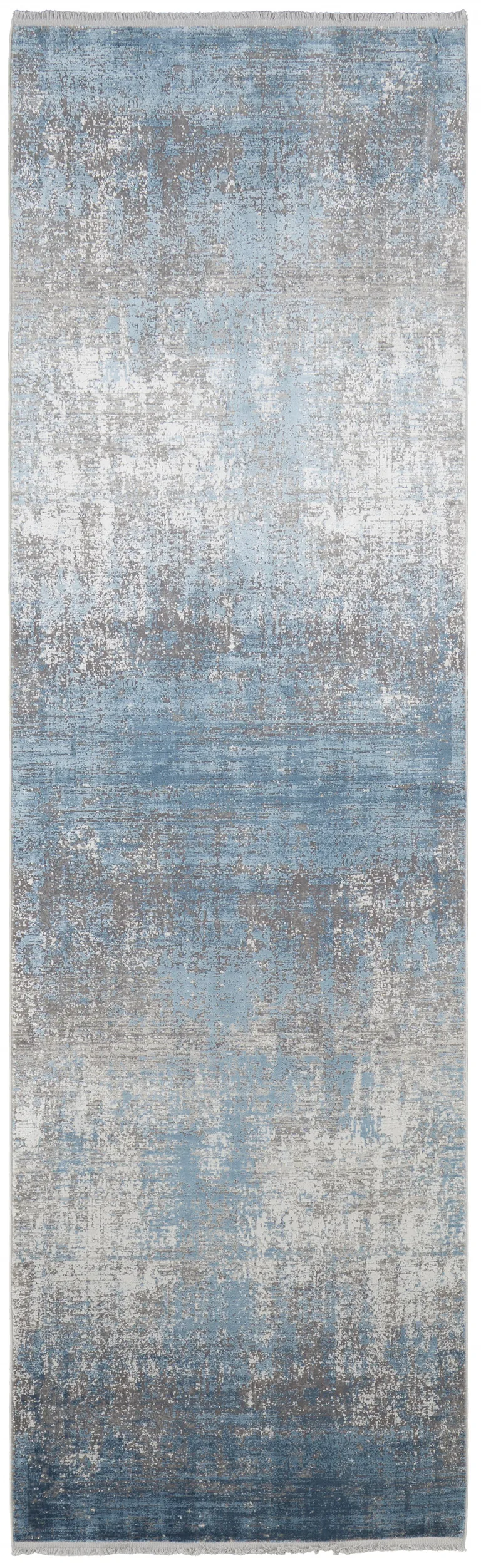 Blue Gray And Silver Abstract Power Loom Distressed Runner Rug With Fringe Photo 1