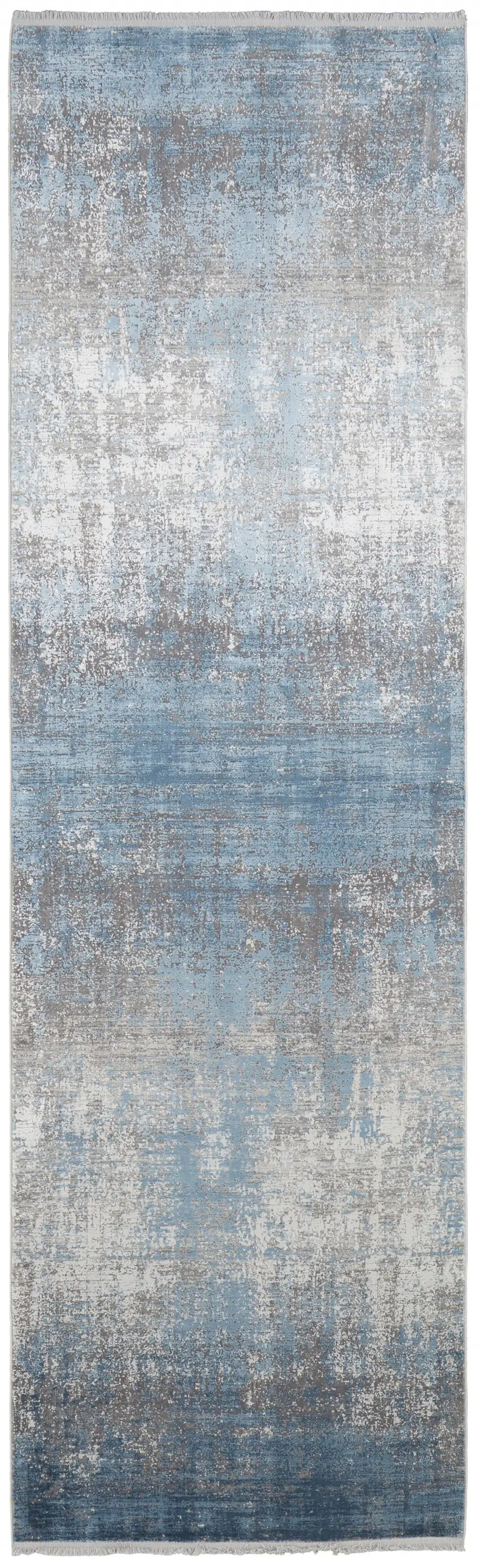 Blue Gray And Silver Abstract Power Loom Distressed Runner Rug With Fringe Photo 1