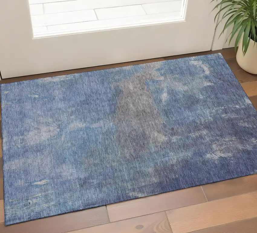 Blue Gray And Silver Abstract Washable Area Rug With UV Protection Photo 1