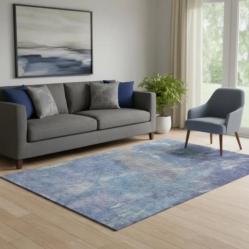 Blue Gray And Silver Abstract Washable Area Rug With UV Protection Photo 2