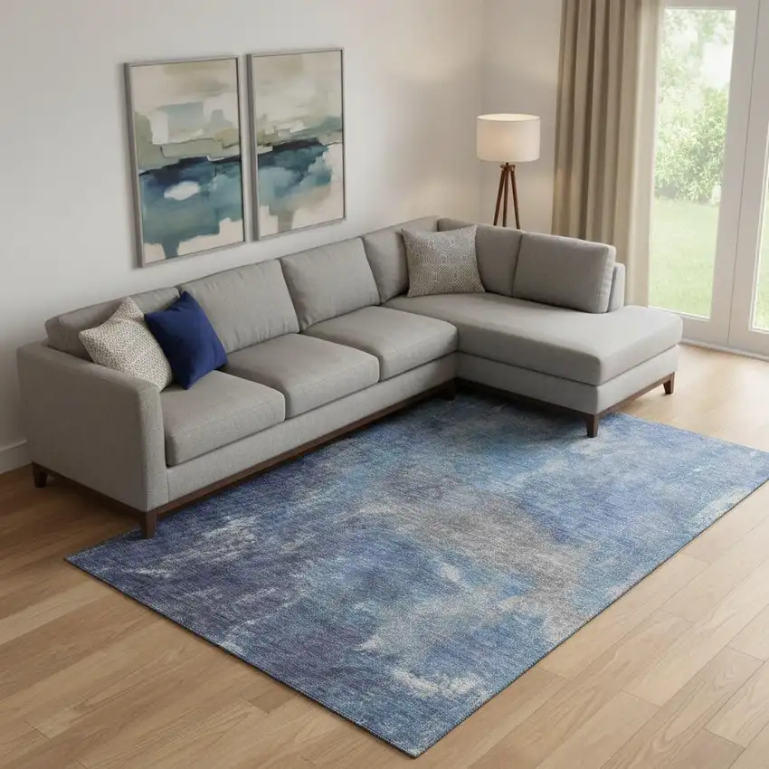 Blue Gray And Silver Abstract Washable Area Rug With UV Protection Photo 2