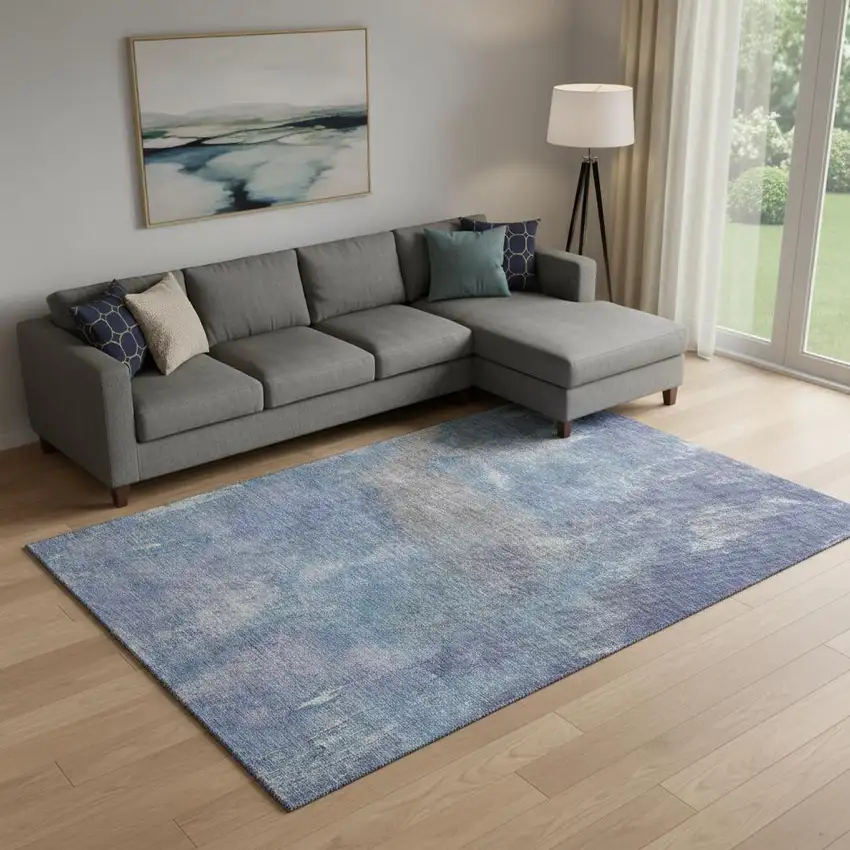 Blue Gray And Silver Abstract Washable Area Rug With UV Protection Photo 2