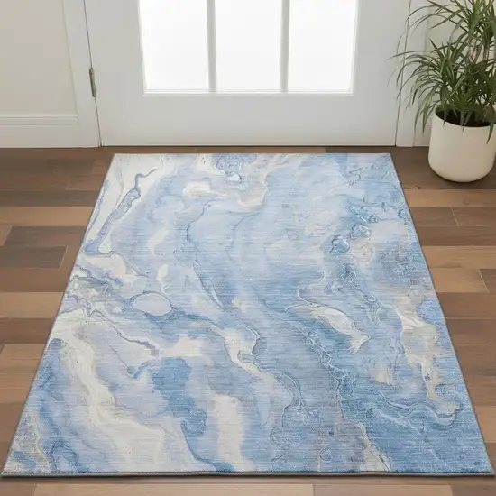 Blue Gray And Silver Abstract Washable Area Rug With UV Protection Photo 2