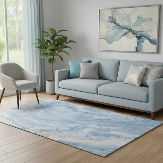 Blue Gray And Silver Abstract Washable Area Rug With UV Protection Photo 2