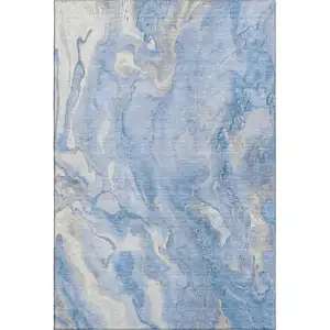 Photo of Blue Gray And Silver Abstract Washable Area Rug With UV Protection