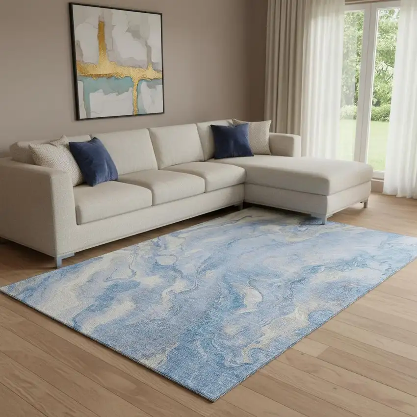 Blue Gray And Silver Abstract Washable Area Rug With UV Protection Photo 2