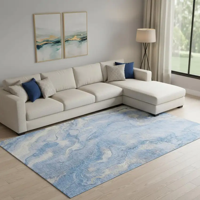 Blue Gray And Silver Abstract Washable Area Rug With UV Protection Photo 2