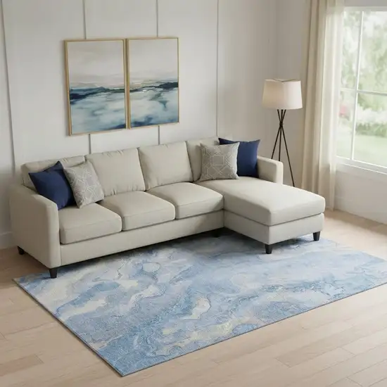 Blue Gray And Silver Abstract Washable Area Rug With UV Protection Photo 2