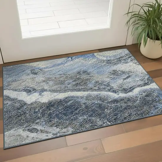 Blue Gray And Silver Abstract Washable Area Rug With UV Protection Photo 2
