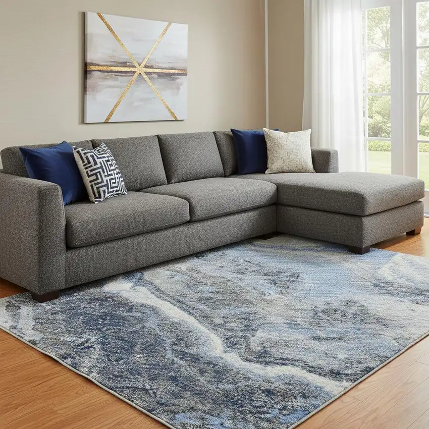 Blue Gray And Silver Abstract Washable Area Rug With UV Protection Photo 2