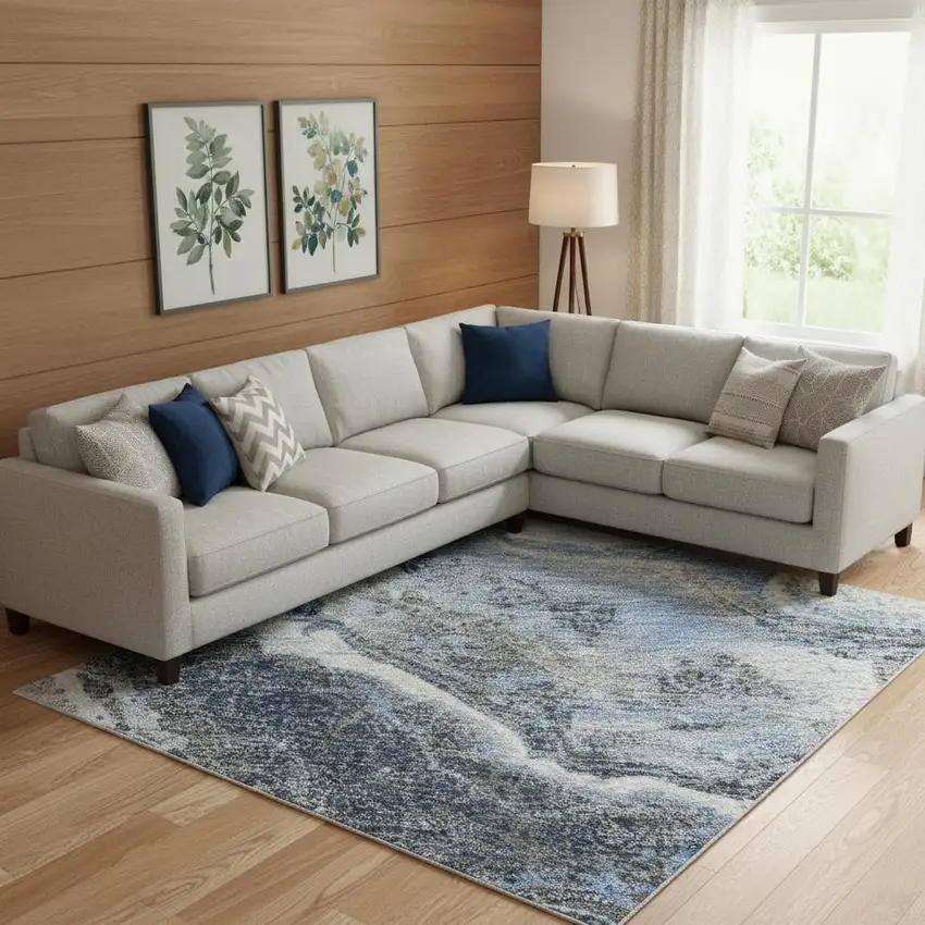 Blue Gray And Silver Abstract Washable Area Rug With UV Protection Photo 2