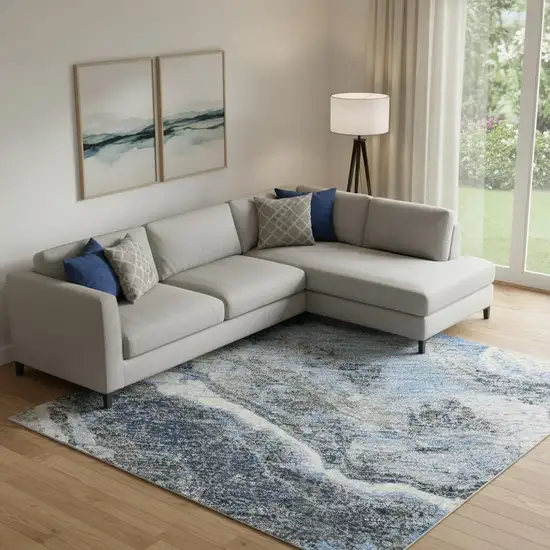 Blue Gray And Silver Abstract Washable Area Rug With UV Protection Photo 2