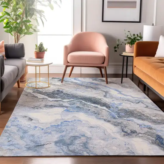 Blue Gray And Silver Abstract Washable Area Rug With UV Protection Photo 4