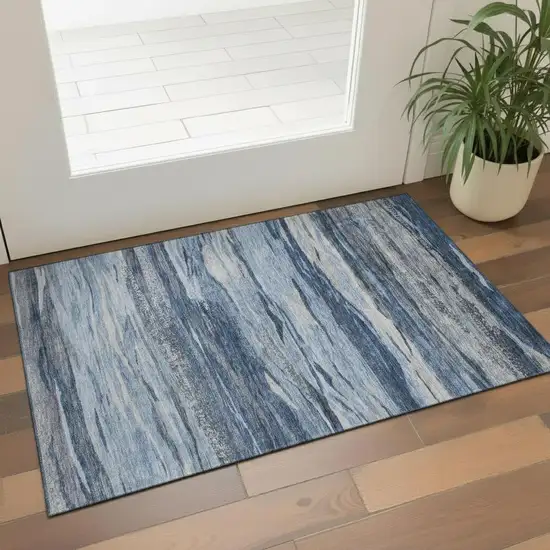 Blue Gray And Silver Abstract Washable Area Rug With UV Protection Photo 2