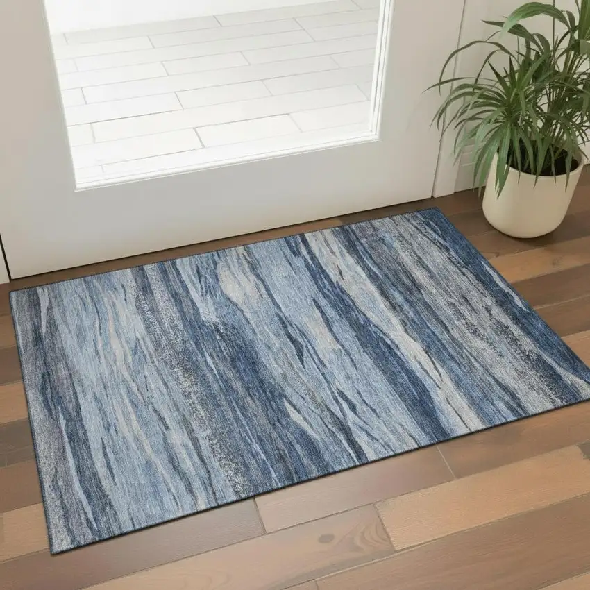 Blue Gray And Silver Abstract Washable Area Rug With UV Protection Photo 2