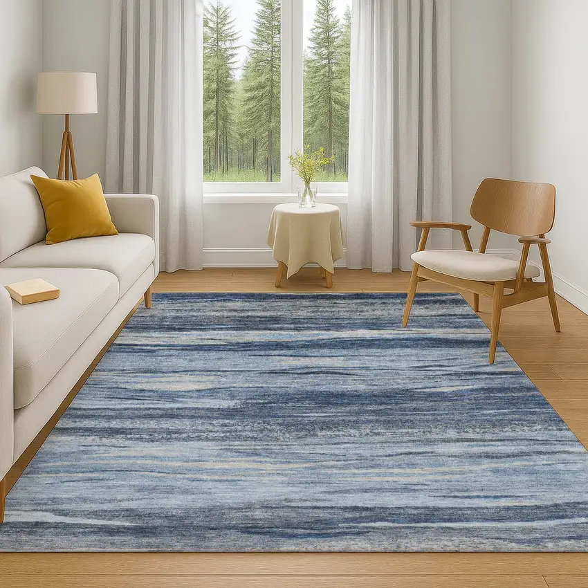 Blue Gray And Silver Abstract Washable Area Rug With UV Protection Photo 6