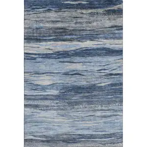 Photo of Blue Gray And Silver Abstract Washable Area Rug With UV Protection