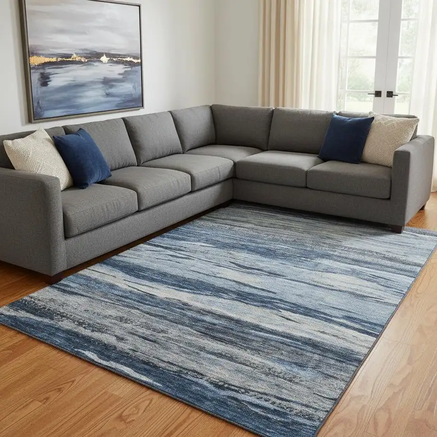 Blue Gray And Silver Abstract Washable Area Rug With UV Protection Photo 2
