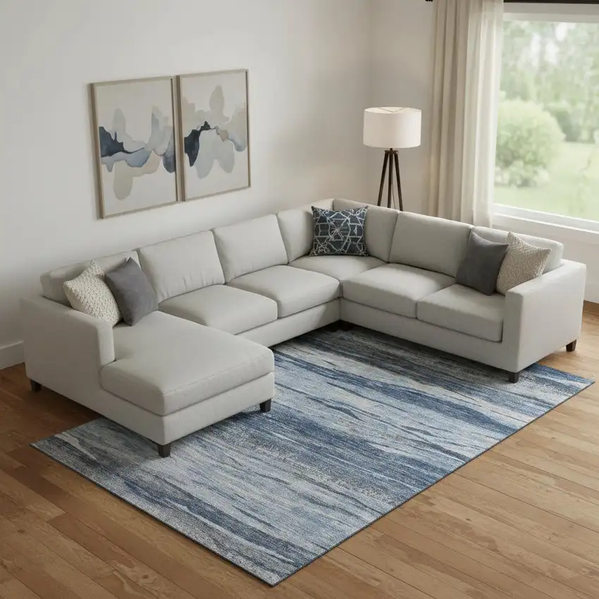 Blue Gray And Silver Abstract Washable Area Rug With UV Protection Photo 2