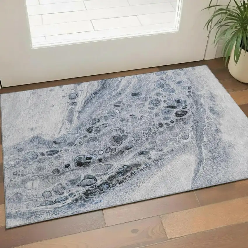 Blue Gray And Silver Abstract Washable Area Rug With UV Protection Photo 2