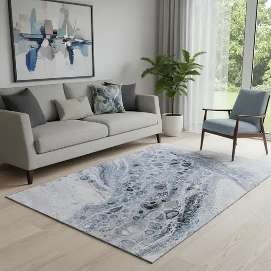 Blue Gray And Silver Abstract Washable Area Rug With UV Protection Photo 2