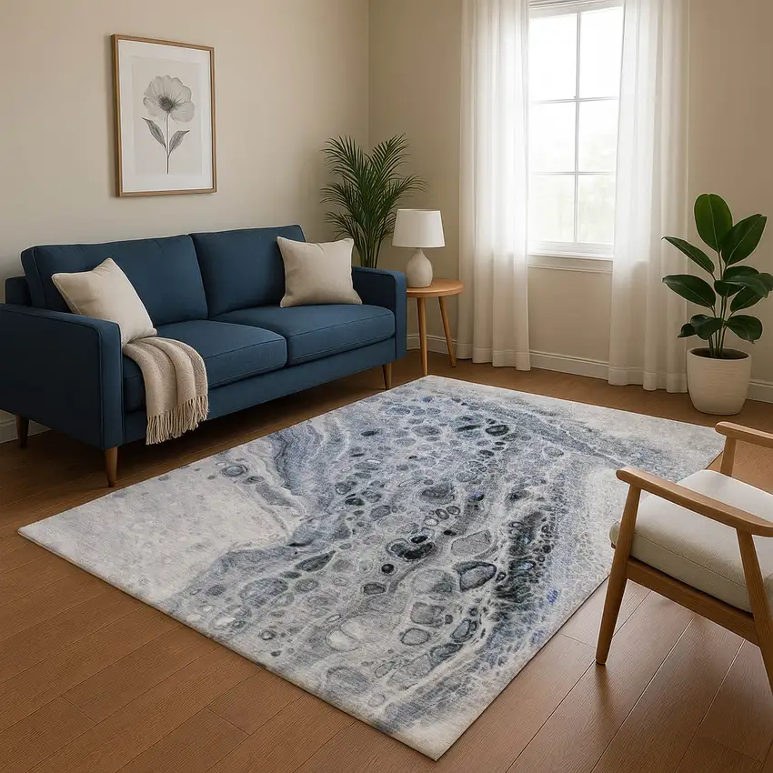 Blue Gray And Silver Abstract Washable Area Rug With UV Protection Photo 5