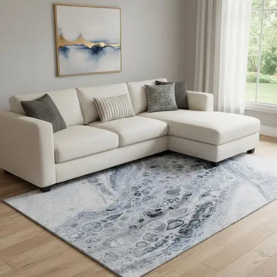 Blue Gray And Silver Abstract Washable Area Rug With UV Protection Photo 2