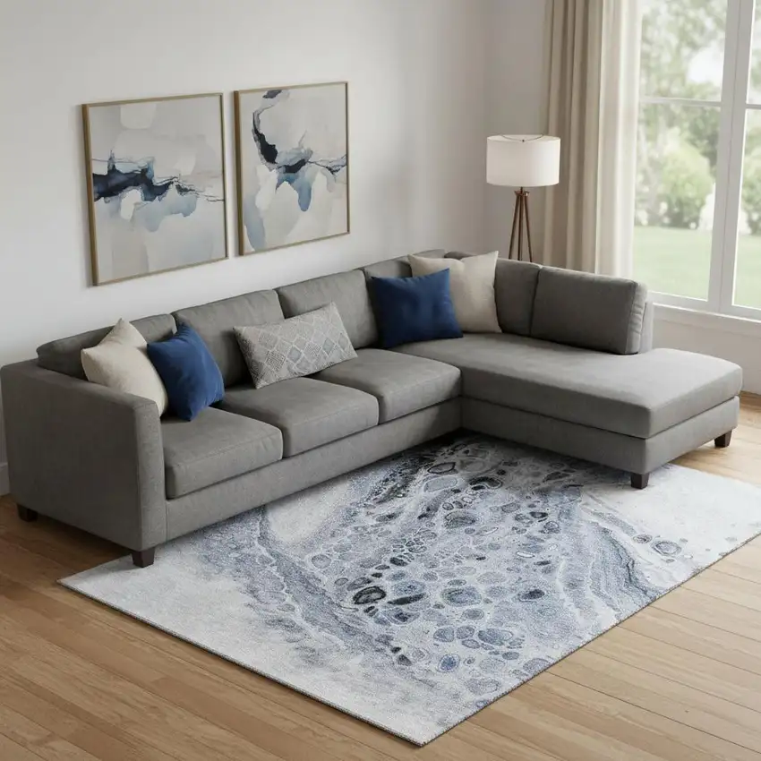 Blue Gray And Silver Abstract Washable Area Rug With UV Protection Photo 2
