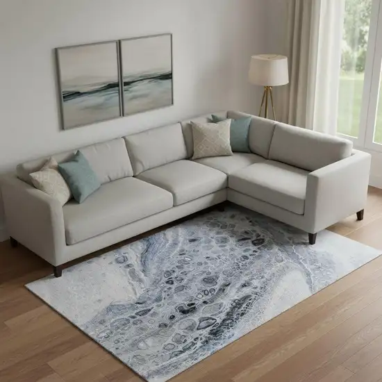 Blue Gray And Silver Abstract Washable Area Rug With UV Protection Photo 2