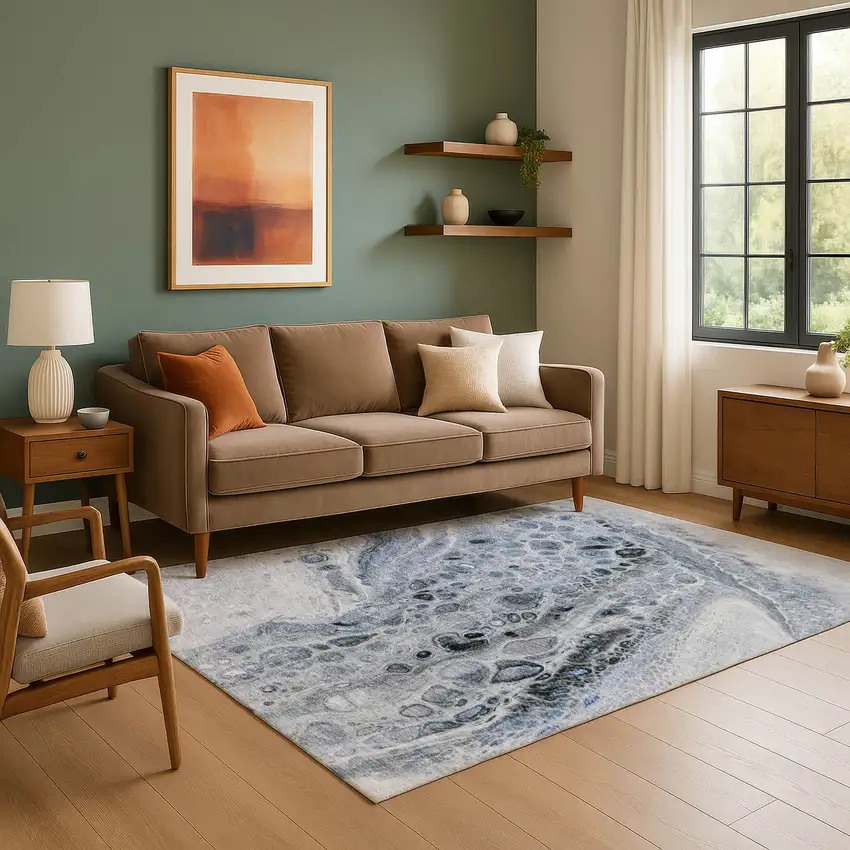 Blue Gray And Silver Abstract Washable Area Rug With UV Protection Photo 6