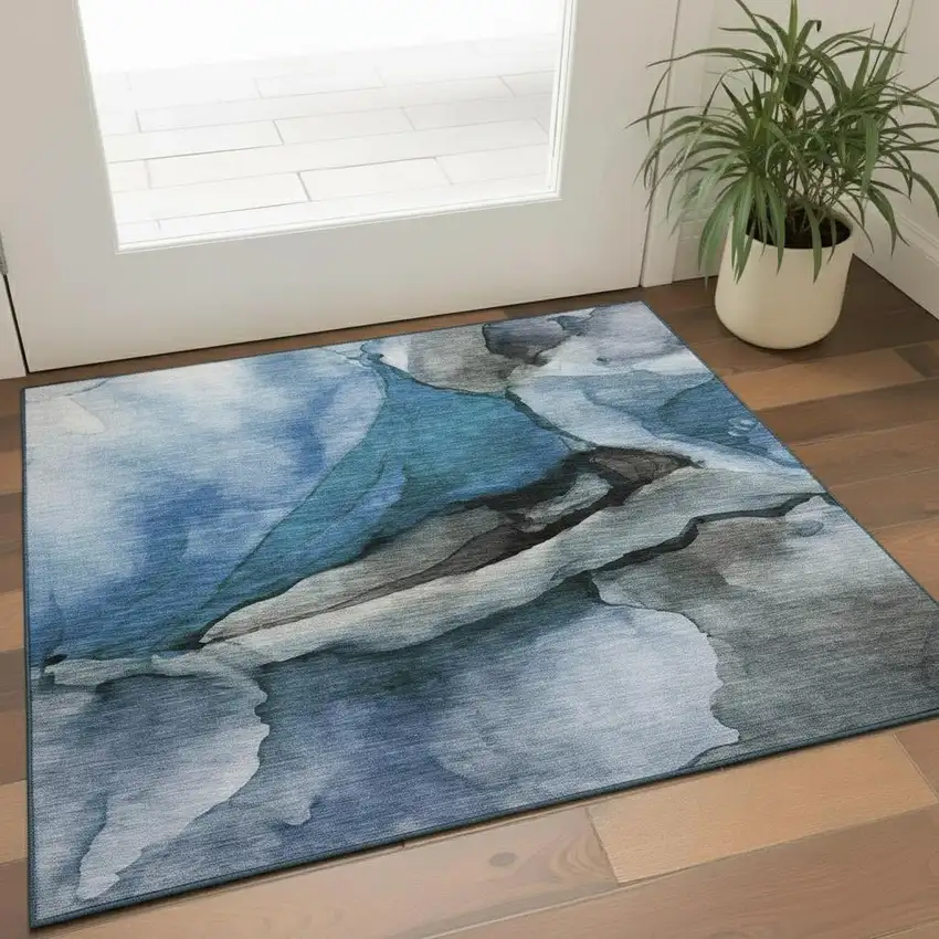 Blue Gray And Silver Abstract Washable Area Rug With UV Protection Photo 2