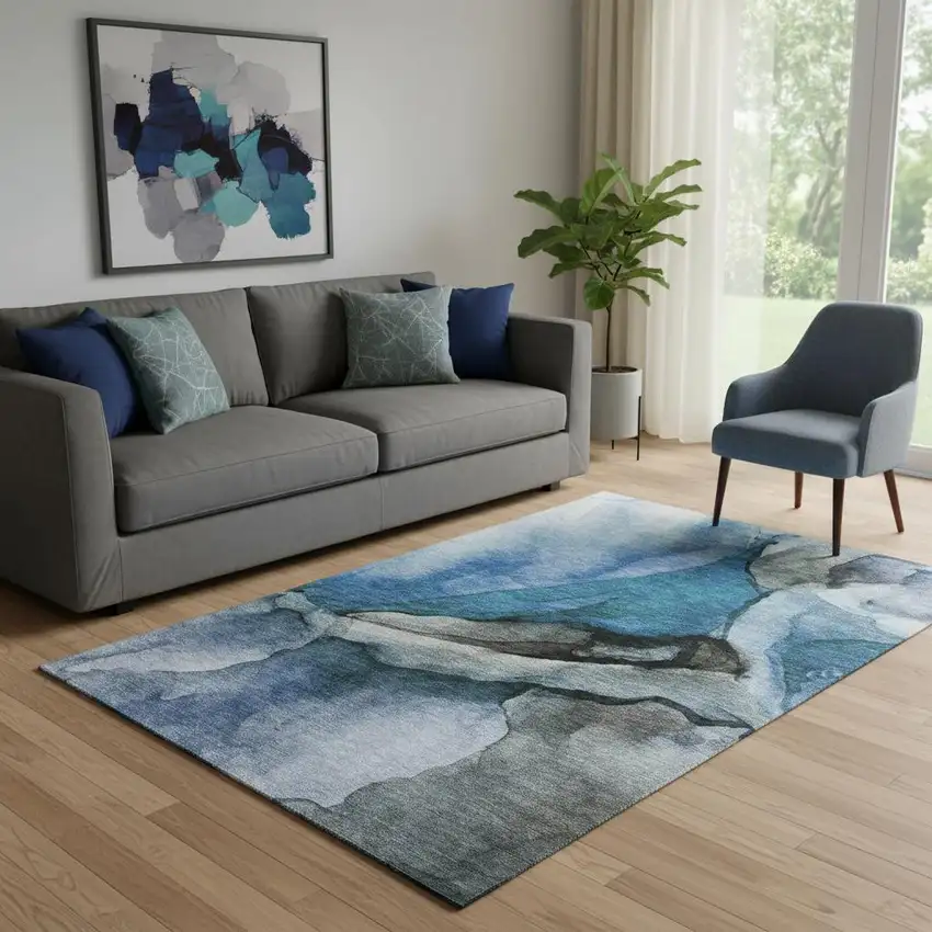 Blue Gray And Silver Abstract Washable Area Rug With UV Protection Photo 2