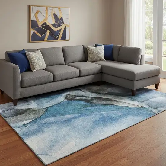Blue Gray And Silver Abstract Washable Area Rug With UV Protection Photo 2