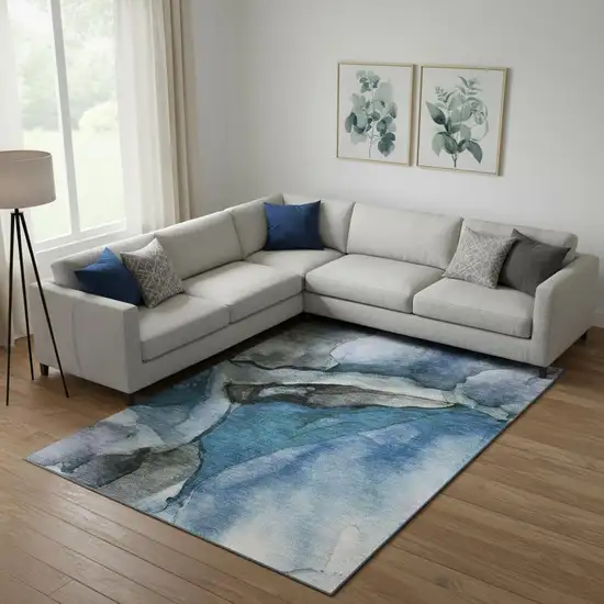Blue Gray And Silver Abstract Washable Area Rug With UV Protection Photo 2