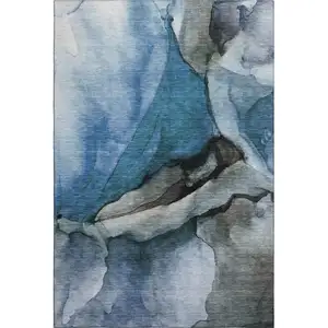 Photo of Blue Gray And Silver Abstract Washable Area Rug With UV Protection