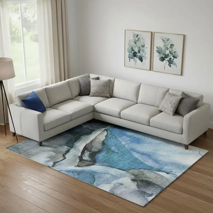 Blue Gray And Silver Abstract Washable Area Rug With UV Protection Photo 2