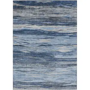 Photo of Blue Gray And Silver Abstract Washable Indoor Outdoor Area Rug