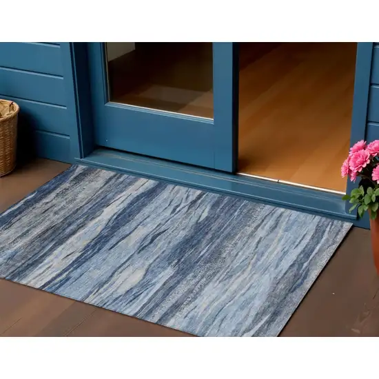 Blue Gray And Silver Abstract Washable Indoor Outdoor Area Rug Photo 2