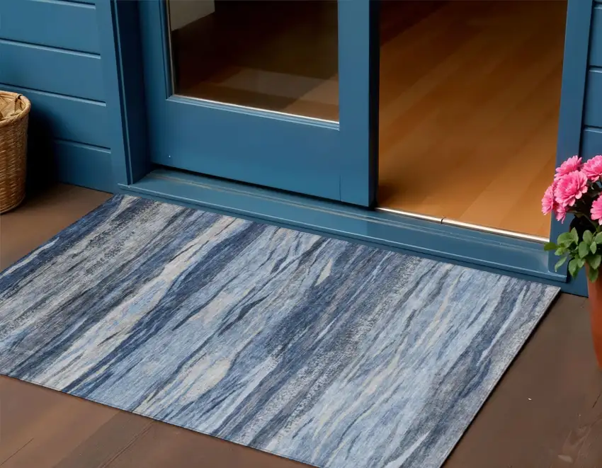 Blue Gray And Silver Abstract Washable Indoor Outdoor Area Rug Photo 2