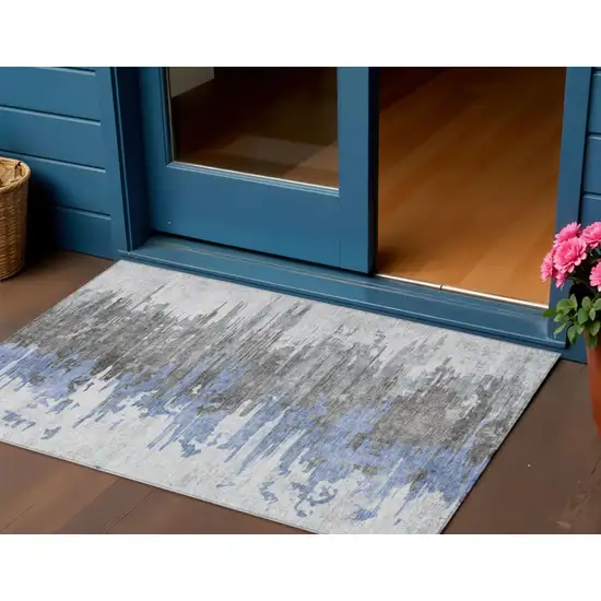 Blue Gray And Silver Abstract Washable Indoor Outdoor Area Rug Photo 1