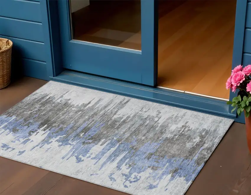 Blue Gray And Silver Abstract Washable Indoor Outdoor Area Rug Photo 1