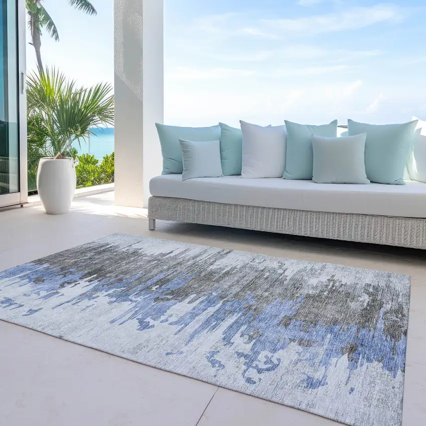 Blue Gray And Silver Abstract Washable Indoor Outdoor Area Rug Photo 9